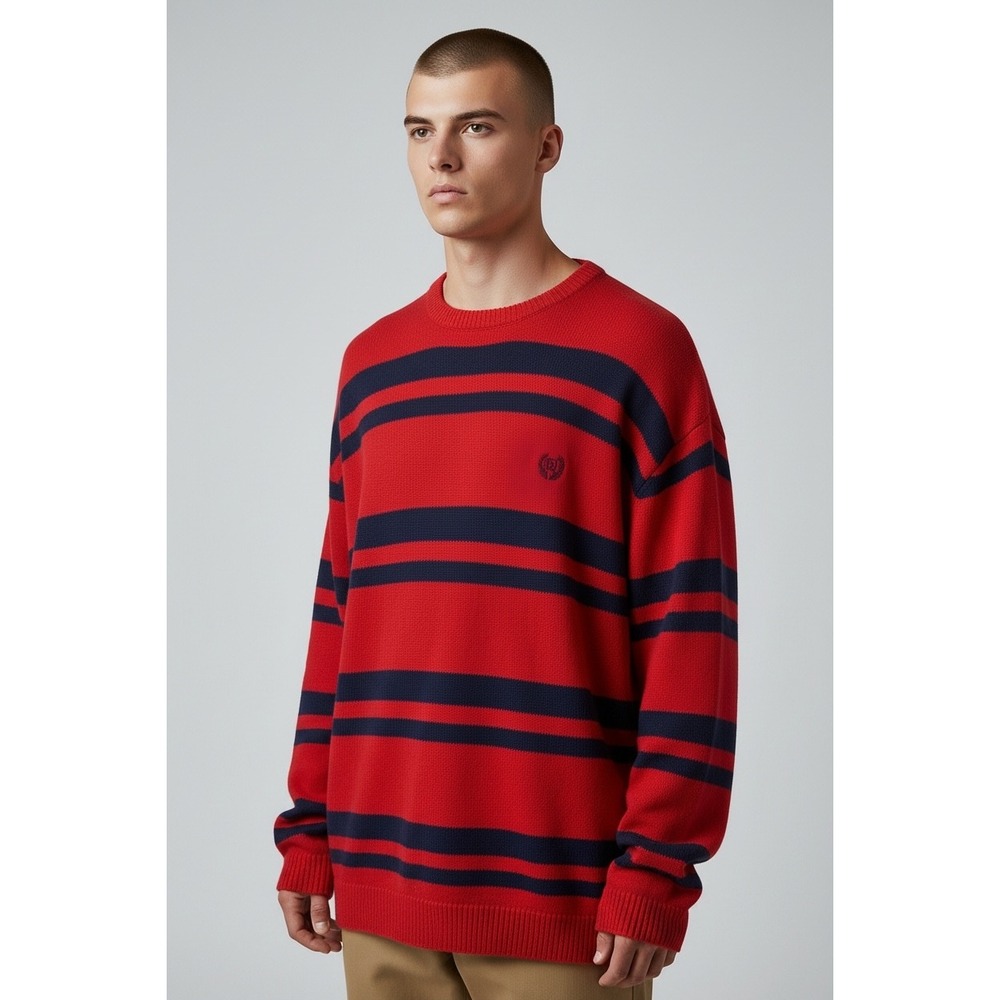 Chaps Mens XL Red Navy Blue Striped Cotton Crewneck Knit Sweater Core Preppy